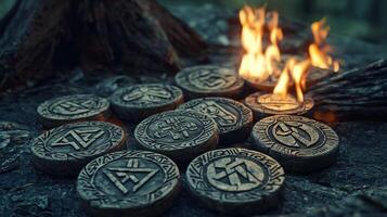 Rustic rune chips intricately carved with protective symbols lay scattered on the forest floor illuminated by flickering flames that enhance their mystique and aura. photo