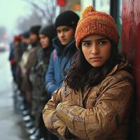 long line of eager shoppers stands outside a store on a cold Black Friday morning ready to seize the best holiday deals and discounts while bundled up warmly. photo
