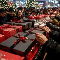 Shoppers engage in a frenzied rush for holiday gifts as they reach for items from crowded shelves during the busy Black Friday shopping event. photo
