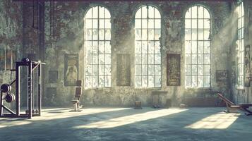 Sunlight streams through large windows casting dramatic shadows on the vintage weight machines in a classic 1970s bodybuilding gym filled with history. photo