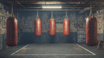 In an empty vintage boxing gym heavy bags sway gently while worn gloves rest in the corner of the ring. The dim overhead light casts shadows evoking a sense of nostalgia and resilience. photo