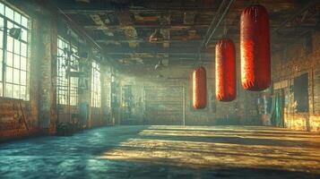 empty vintage boxing gym awaits action with worn boxing gloves in the ring corner and heavy bags swaying gently. Dust motes float in the dim light revealing age and history. photo