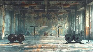 Inside a gritty vintage weightlifting gym Olympic barbells rest on concrete while the slow spin of industrial fans stirs the air evoking a timeless dedication to strength. photo
