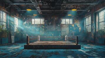 Inside a classic gym a worn boxing ring stands under dramatic spotlights showcasing frayed ropes and stained canvas that whisper stories of past champions. photo