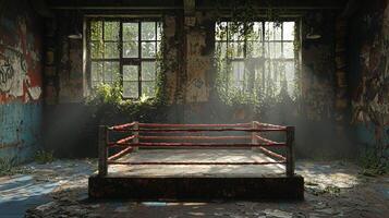 Dust motes dance in the beams of light illuminating the worn boxing ring surrounded by faded graffiti and creeping vines evoking nostalgia for a bygone era of sport. photo