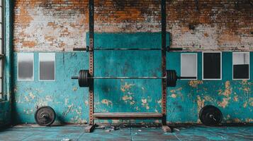 space exudes an intense ambiance showcasing faded brick walls adorned with black and white portraits of legendary lifters. Weathered platforms invite dedication and hard work. photo