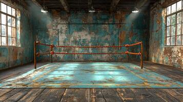vintage gym with frayed ropes and a stained canvas highlighted by dramatic spotlights evoking a rich history of sports. photo