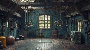 Step into a vintage gym filled with wooden rings climbing ropes and leather medicine balls. The rustic atmosphere invites a unique workout experience from a nostalgic past. photo