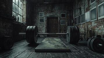 atmosphere thick with intensity weathered weightlifting platforms stand under brick walls showcasing black and white photos dedicated athletes embodying pure commitment and strength.