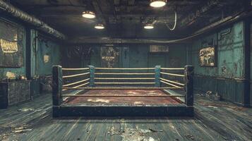 old gym reveals vintage boxing ring its frayed ropes and stained canvas telling stories of past battles illuminated dramatically by overhead spotlights. photo