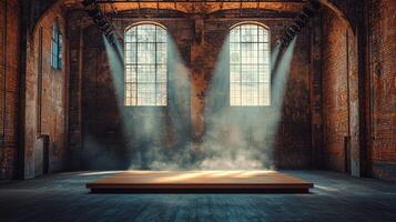Within vintage gymnastics gym golden shafts light highlight dust particles floating in air evoking memories intense training and graceful performances on parallel bars. photo