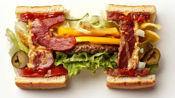 creative dish features the letter H formed from burger ingredients including lettuce cheese condiments and bacon on a white background highlighting culinary artistry. photo