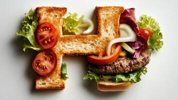 letter H is artistically formed using hamburger ingredients featuring lettuce tomatoes and a beef patty all set against a minimalist white background. photo