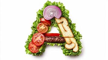 letter A is thoughtfully designed using fresh ingredients typical of a hamburger showcasing a vibrant arrangement of lettuce tomatoes onions and a patty. photo