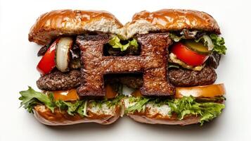 letter H is creatively composed from hamburger components including patties lettuce tomatoes and pickles all set against a bright white backdrop. photo