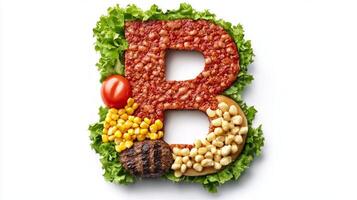 artistic representation of the letter B is crafted from fresh hamburger ingredients featuring vibrant colors and varied textures celebrating culinary creativity and expression. photo