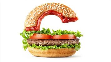 delectable arrangement forms the letter C using hamburger ingredients. The bun lettuce and tomato creatively highlight the savory texture evoking appetite. photo