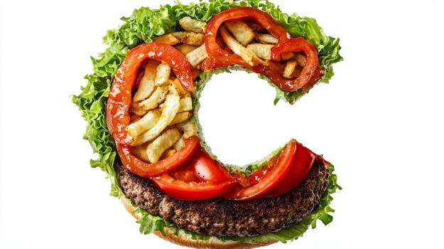 unique culinary creation forms the letter C using juicy hamburger ingredients including fresh lettuce tomatoes and grilled chicken against a stark white backdrop. photo