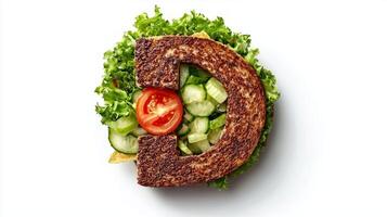 creatively designed letter D is formed from hamburger ingredients showcasing a tasty blend of lettuce tomato and cucumber on a white background celebrating culinary artistry. photo