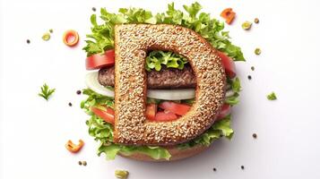 creatively designed hamburger shaped like the Letter D filled with fresh lettuce tomatoes onions and a juicy patty all beautifully arranged on a white background. photo