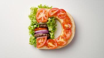 letter D crafted from a hamburger complete with vibrant tomatoes crispy lettuce and a juicy patty sits against a clean white backdrop offering a fun culinary twist. photo