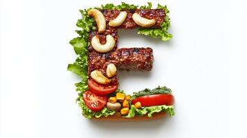 artistic arrangement of hamburger components forms the letter E showcasing vibrant lettuce juicy tomatoes and savory meat. This culinary creation stands out beautifully. photo