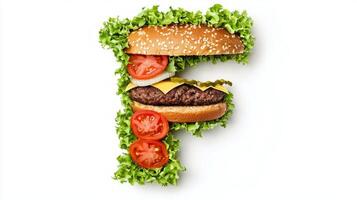 unique design features the letter F formed with fresh hamburger ingredients including crisp lettuce juicy tomatoes and a savory patty celebrating food art. photo