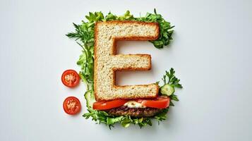 unique culinary creation showcases the letter E crafted from hamburger ingredients highlighting fresh vegetables bread and a juicy patty all against a clean white backdrop. photo