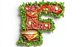 stunning letter F is created from fresh ingredients depicting a hamburger with vibrant toppings like lettuce tomato and cheese inviting culinary exploration and creativity. photo