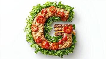 artistic formation showcases the letter G creatively made from hamburger elements like lettuce tomatoes and patties all arranged aesthetically for a visually appealing dish. photo