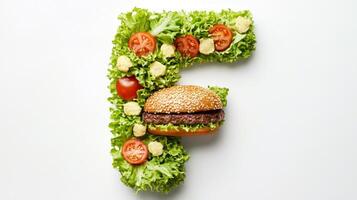 artistic arrangement of ingredients showcases the letter F crafted from lettuce tomatoes and a delicious hamburger. A playful tribute to food art and the alphabet. photo