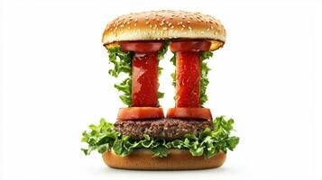artistic creation features the letter I formed by vibrant tomato slices and crisp lettuce within a hamburger. The realistic details emphasize the meals texture and freshness. photo