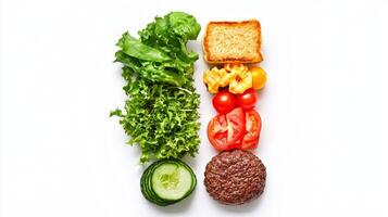 playful design showcases the letter I crafted from vibrant hamburger ingredients such as lettuce tomatoes and a juicy patty all set against a white background. photo