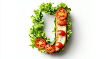 stunning arrangement features the letter J crafted from lettuce tomatoes and bread beautifully displayed against a pristine white background highlighting food artistry. photo