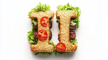 artistic rendering of the letter I crafted from a mouthwatering hamburger complete with fresh lettuce and tomatoes showcased against a clean white backdrop. photo