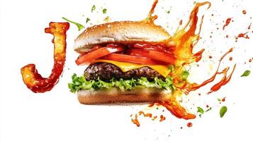 letter J made from a delicious hamburger complete with colorful toppings and artistic splash all set on a pristine white surface. photo