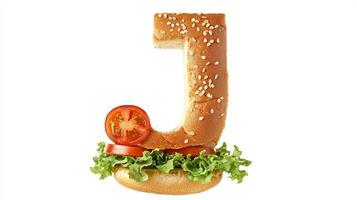 unique visual showcases the letter J formed from a hamburger bun adorned with lettuce and tomato. It highlights artistic food creativity in a vibrant setting. photo