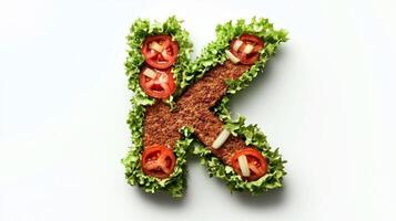 letter K formed using hamburger elements such as crisp lettuce juicy tomato slices and tasty beef patty all set on pristine white background. photo