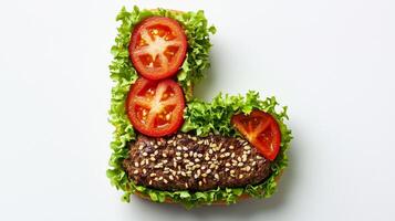 letter L features a juicy beef patty crisp lettuce and ripe tomato slices all arranged artistically against clean white background perfect for food enthusiasts. photo