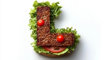 letter L crafted from hamburger elements sits atop a vibrant layer of lettuce and tomatoes showcasing an imaginative food design on a white backdrop. photo