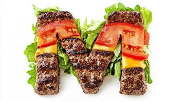 visually striking letter M crafted from delicious hamburger components showcasing grilled patties vibrant vegetables and fresh greens all on a white background. photo