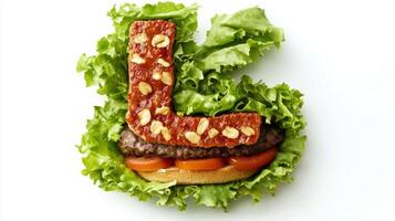 delicious hamburger presents itself with the letter L crafted from meal ingredients. Fresh lettuce surrounds the savory patty highlighting a playful culinary design. photo