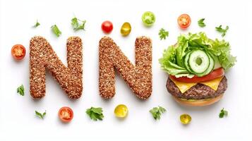 artistic portrayal features letter N made from burger ingredients surrounded by vibrant vegetables highlighting a creative fusion of food and typography in a culinary setting. photo