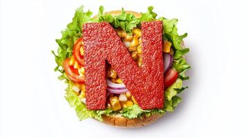 letter N formed from vibrant burger components sits atop fresh lettuce tomatoes and onions showcasing a creative culinary design against a bright white backdrop. photo