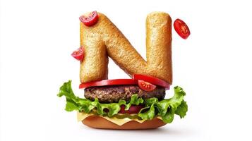 playful arrangement hamburger ingredients forms the letter N complete with fresh lettuce tomato slices and juicy beef patty highlighting food creativity in whimsical style. photo