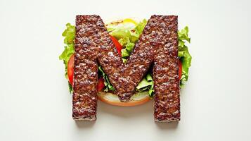 striking visual of the letter M crafted from flavorful hamburger ingredients showcasing fresh lettuce tomatoes and meat on a soft bun. Ideal for food lovers. photo