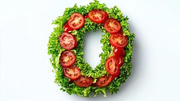 visually engaging creation features letter O artistically made from crisp lettuce and juicy tomato slices highlighting a fun burger inspired concept perfect for food art. photo