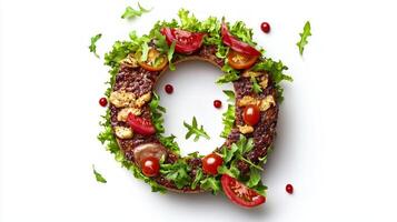 creative display of the letter Q made entirely from hamburger ingredients featuring tender meat fresh lettuce and ripe tomatoes all on a pristine white background. photo
