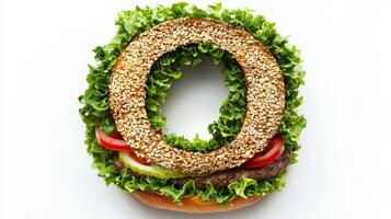 unique food creation features the letter O formed from sesame seed buns surrounded by fresh lettuce tomatoes and a juicy hamburger patty highlighting culinary artistry. photo