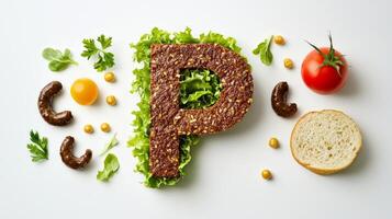 colorful and appetizing representation of the letter P artfully shaped from hamburger components including lettuce tomato and condiments. This artistic display emphasizes culinary creativity. photo